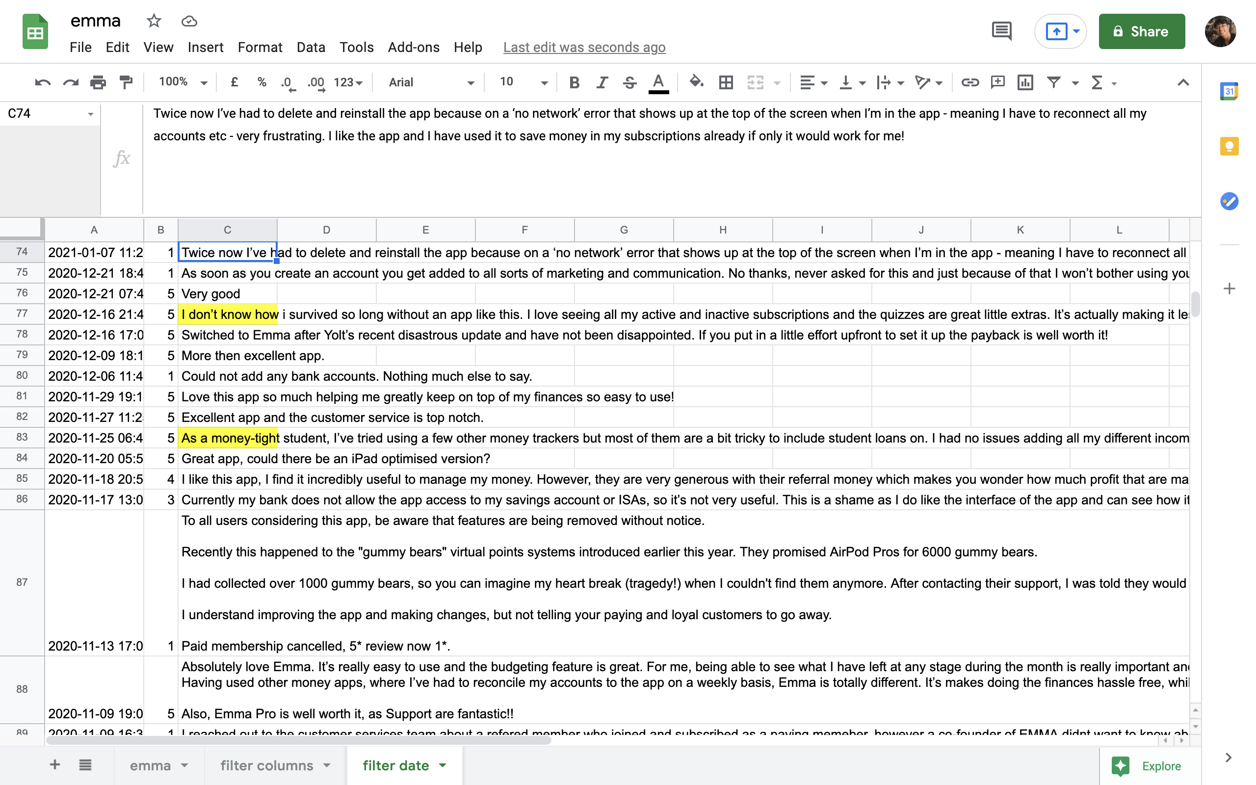 Google Sheets used to organise user reviews